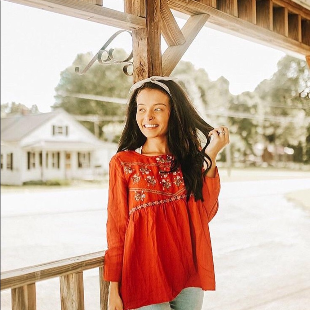 Red embroidered long sleeve blouse NWOT